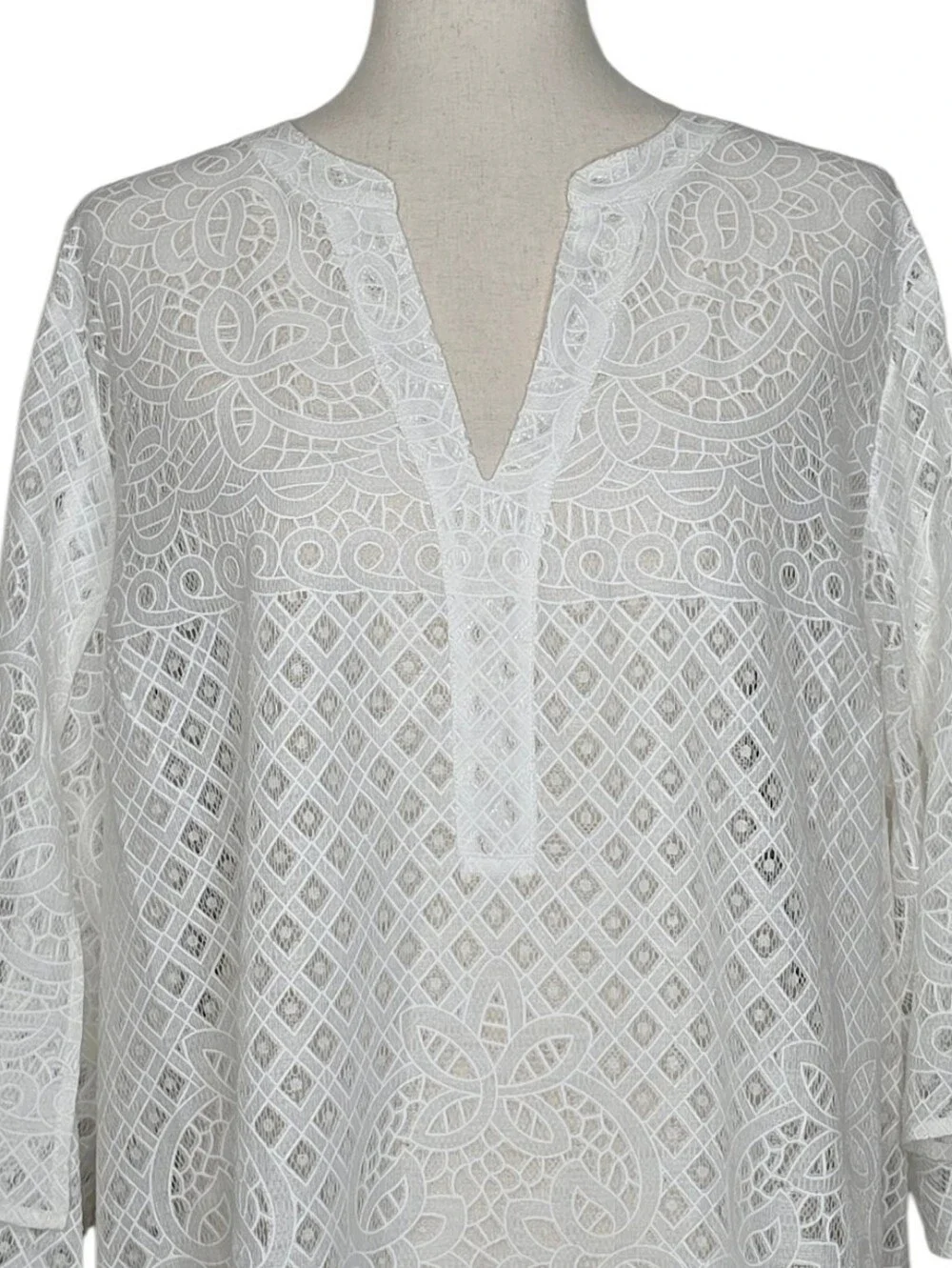 Chico's White Open Lace Split Notched V-neck 3/4 Sleeve Tunic Top Size XL - Picture 6 of 9